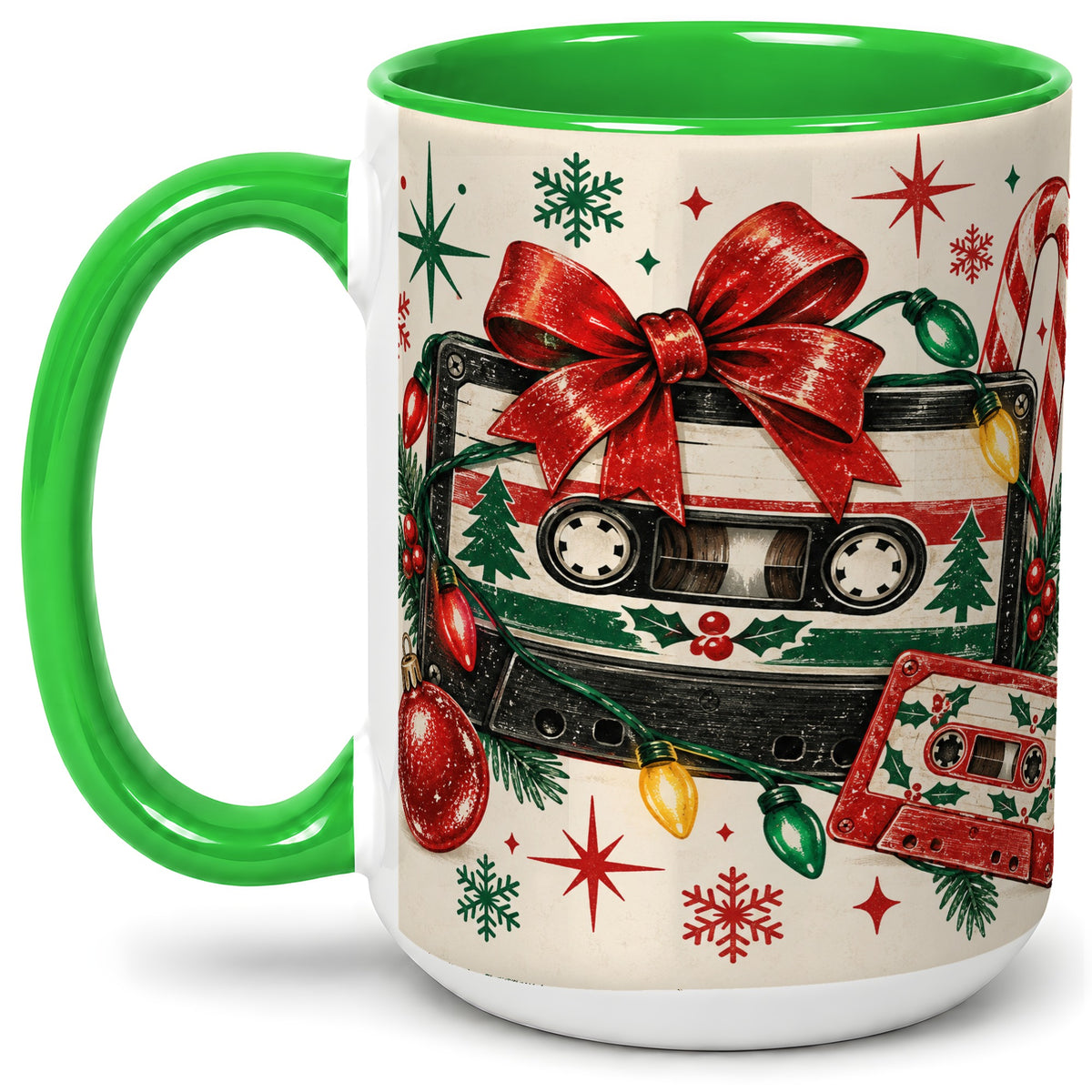 #pl[15oz|Green] Retro Christmas Cassette Ceramic Mug, Holiday Music Artwork