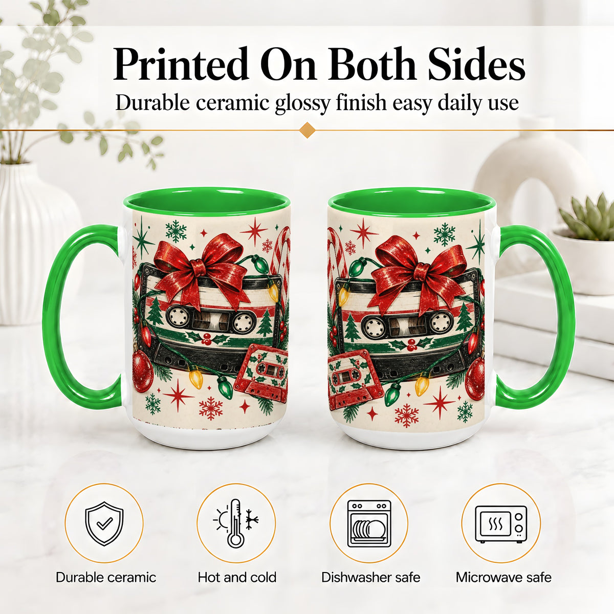 #pl[15oz|Green] Retro Christmas Cassette Ceramic Mug, Holiday Music Artwork