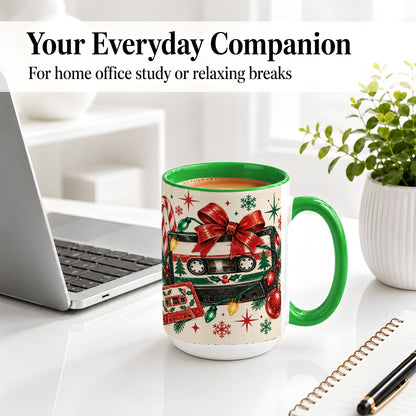 #pl[15oz|Green] Retro Christmas Cassette Ceramic Mug, Holiday Music Artwork