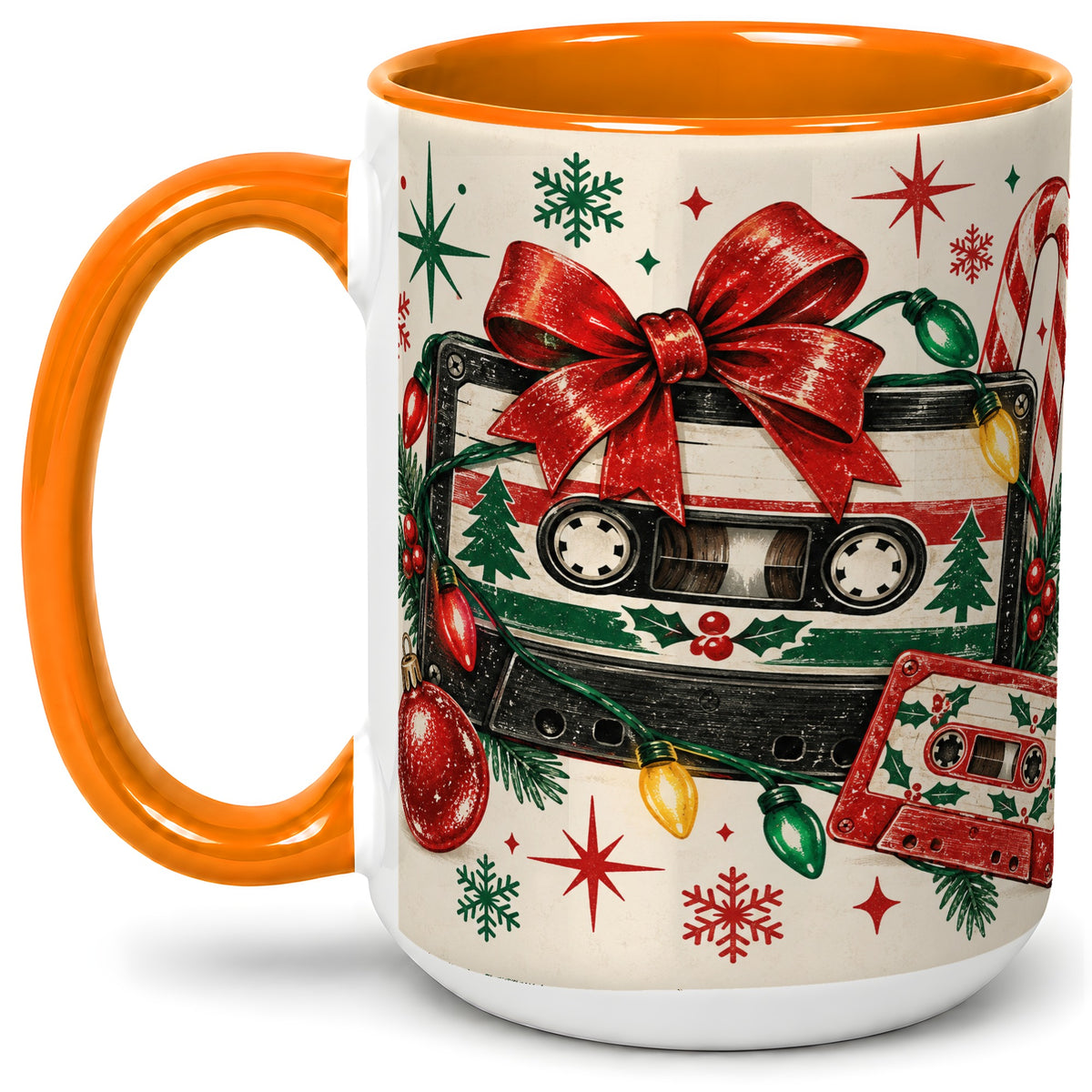 #pl[15oz|Orange] Retro Christmas Cassette Ceramic Mug, Holiday Music Artwork