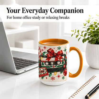 #pl[15oz|Orange] Retro Christmas Cassette Ceramic Mug, Holiday Music Artwork