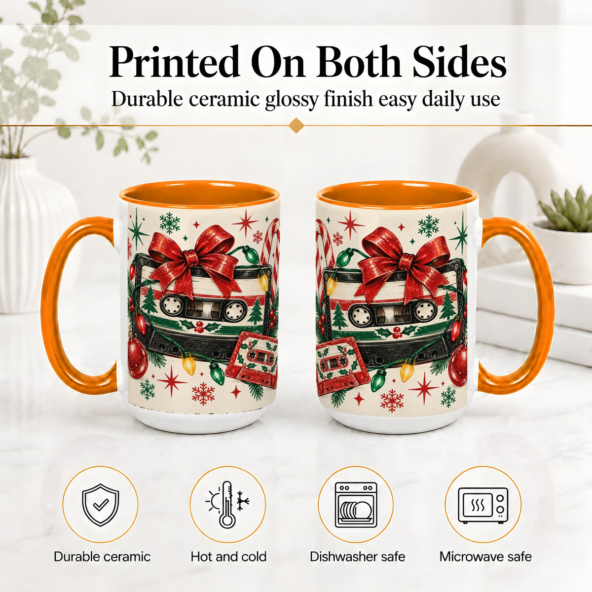 #pl[15oz|Orange] Retro Christmas Cassette Ceramic Mug, Holiday Music Artwork