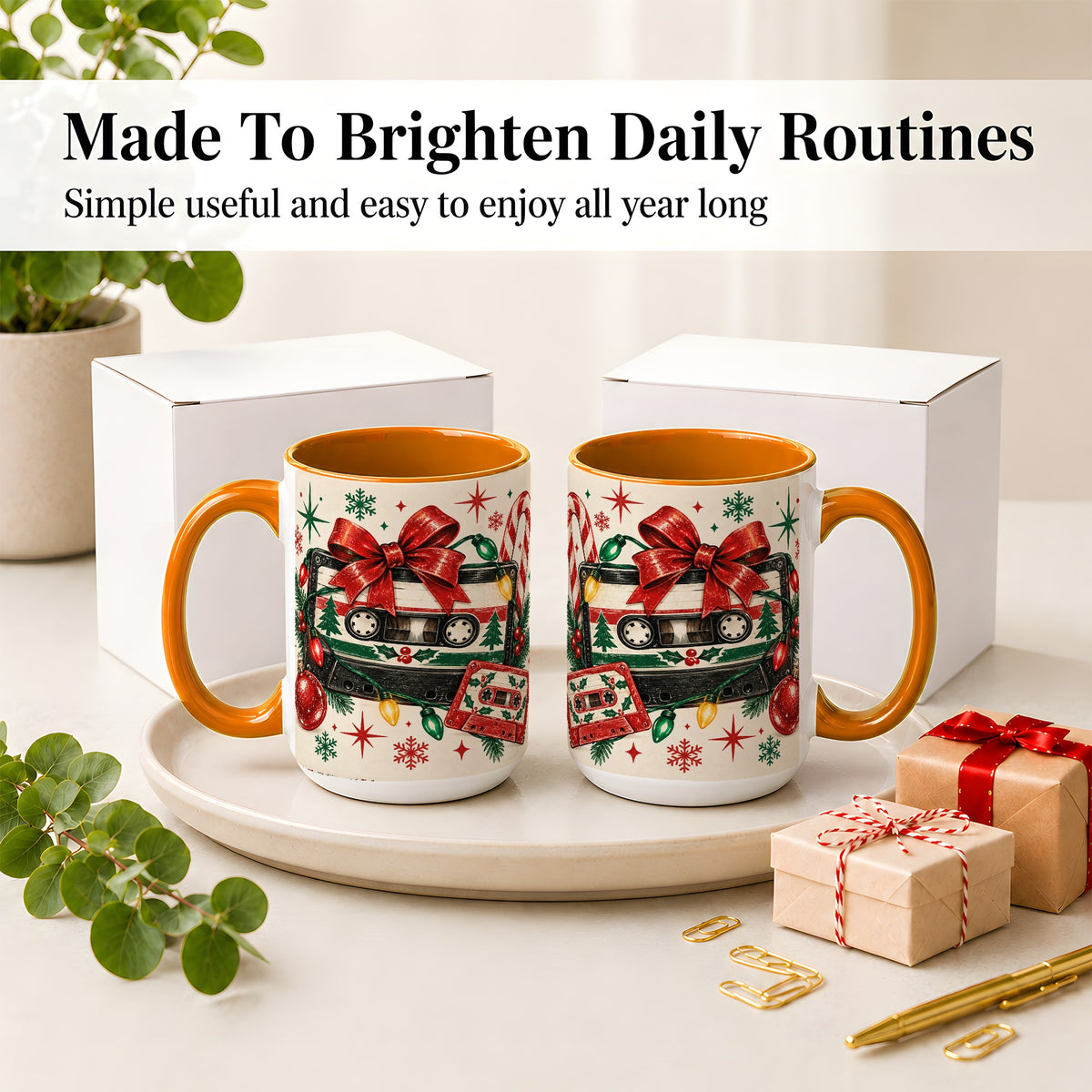 #pl[15oz|Orange] Retro Christmas Cassette Ceramic Mug, Holiday Music Artwork