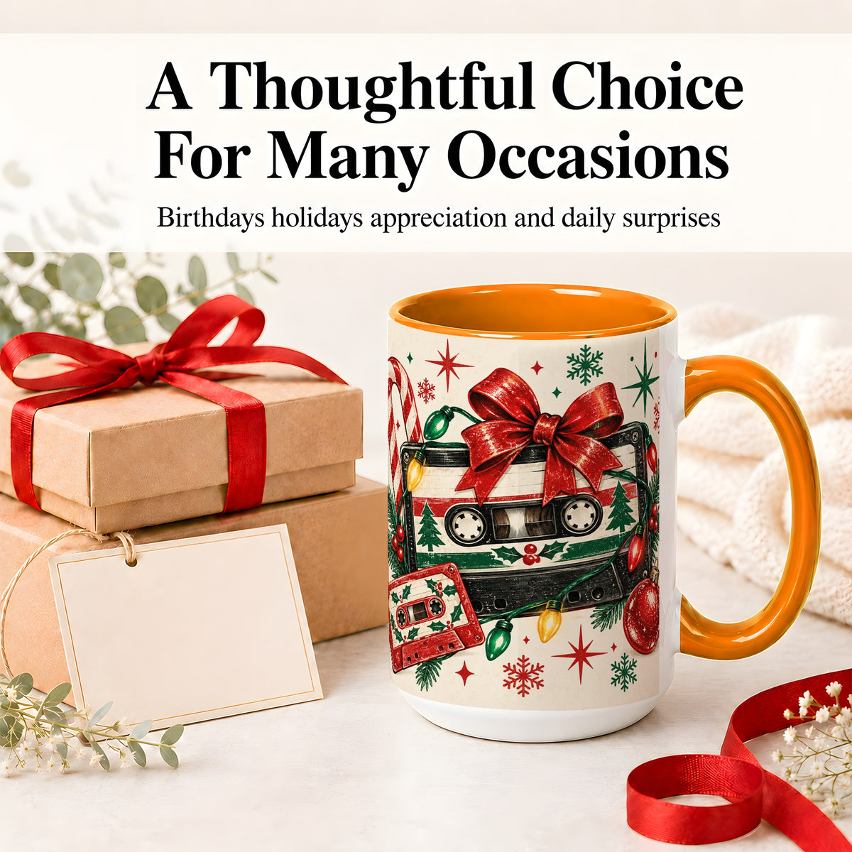 #pl[15oz|Orange] Retro Christmas Cassette Ceramic Mug, Holiday Music Artwork
