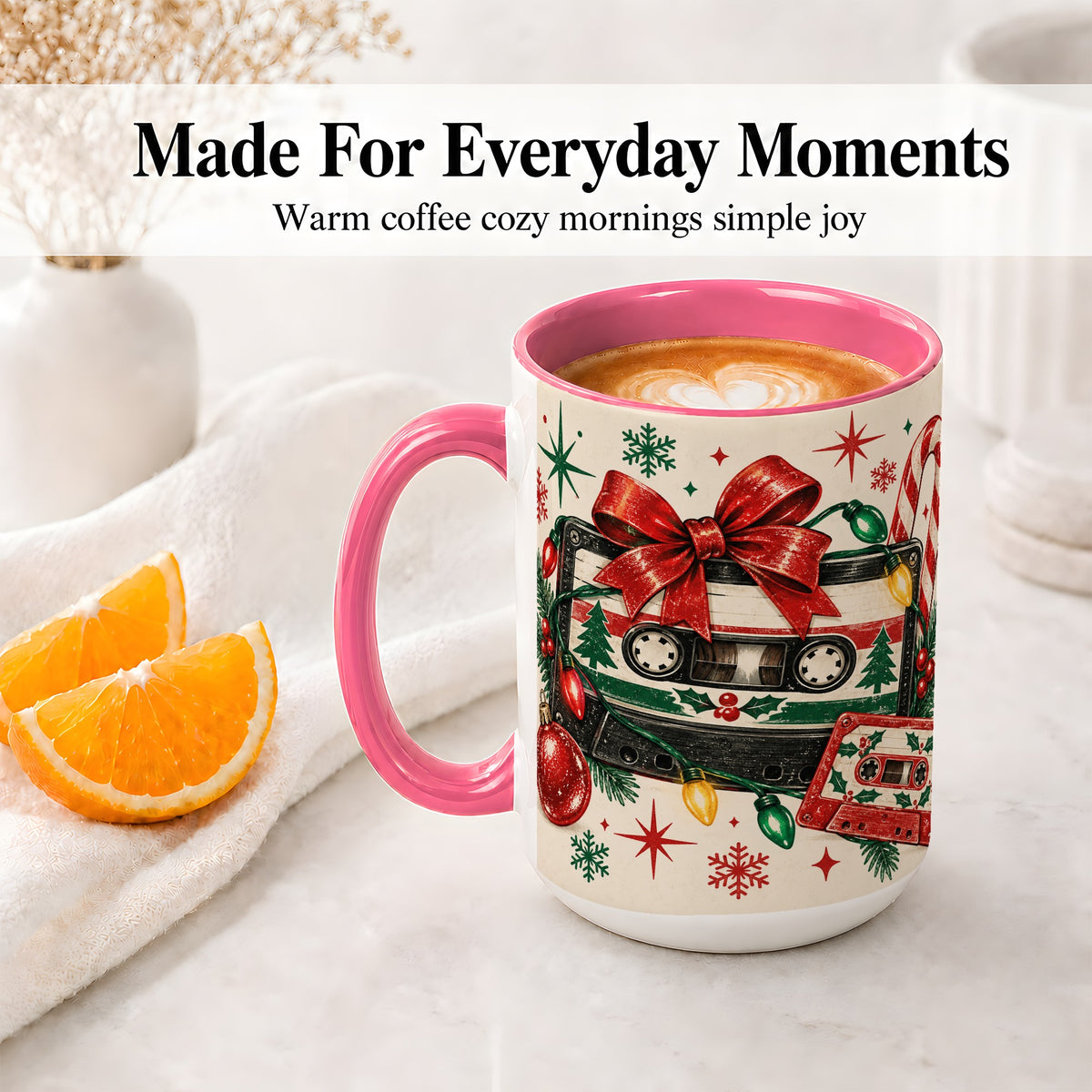 #pl[15oz|Pink] Retro Christmas Cassette Ceramic Mug, Holiday Music Artwork