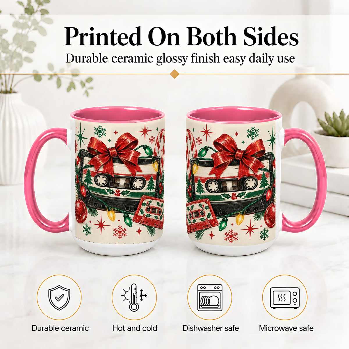 #pl[15oz|Pink] Retro Christmas Cassette Ceramic Mug, Holiday Music Artwork