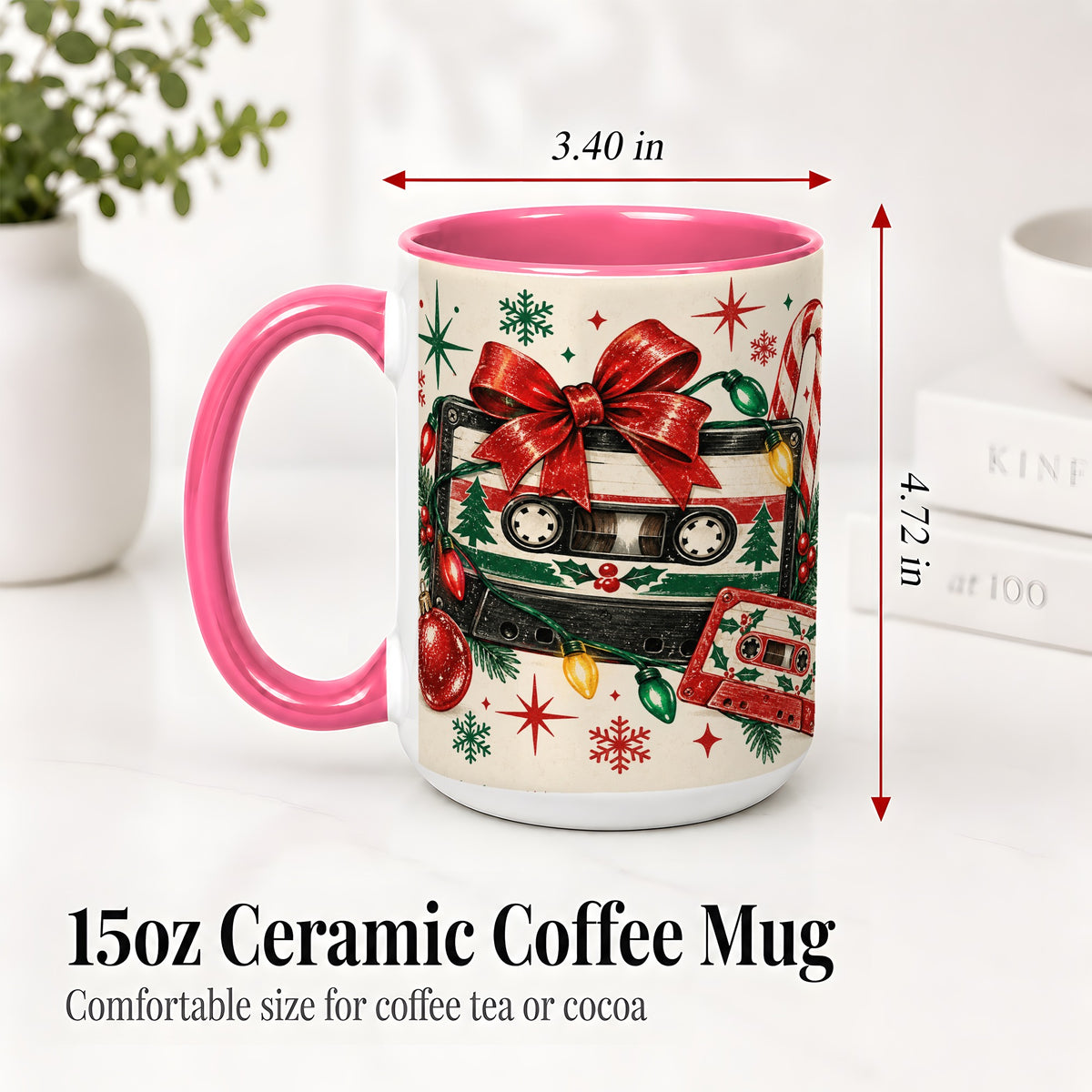 #pl[15oz|Pink] Retro Christmas Cassette Ceramic Mug, Holiday Music Artwork