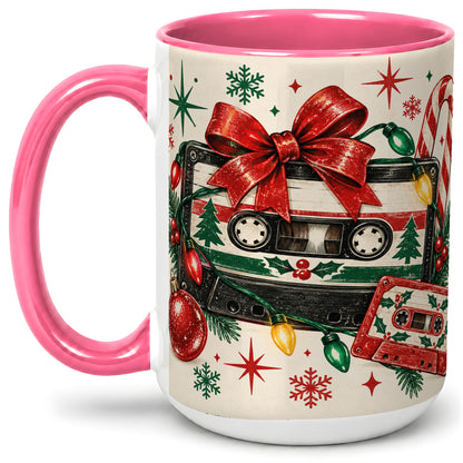 #pl[15oz|Pink] Retro Christmas Cassette Ceramic Mug, Holiday Music Artwork