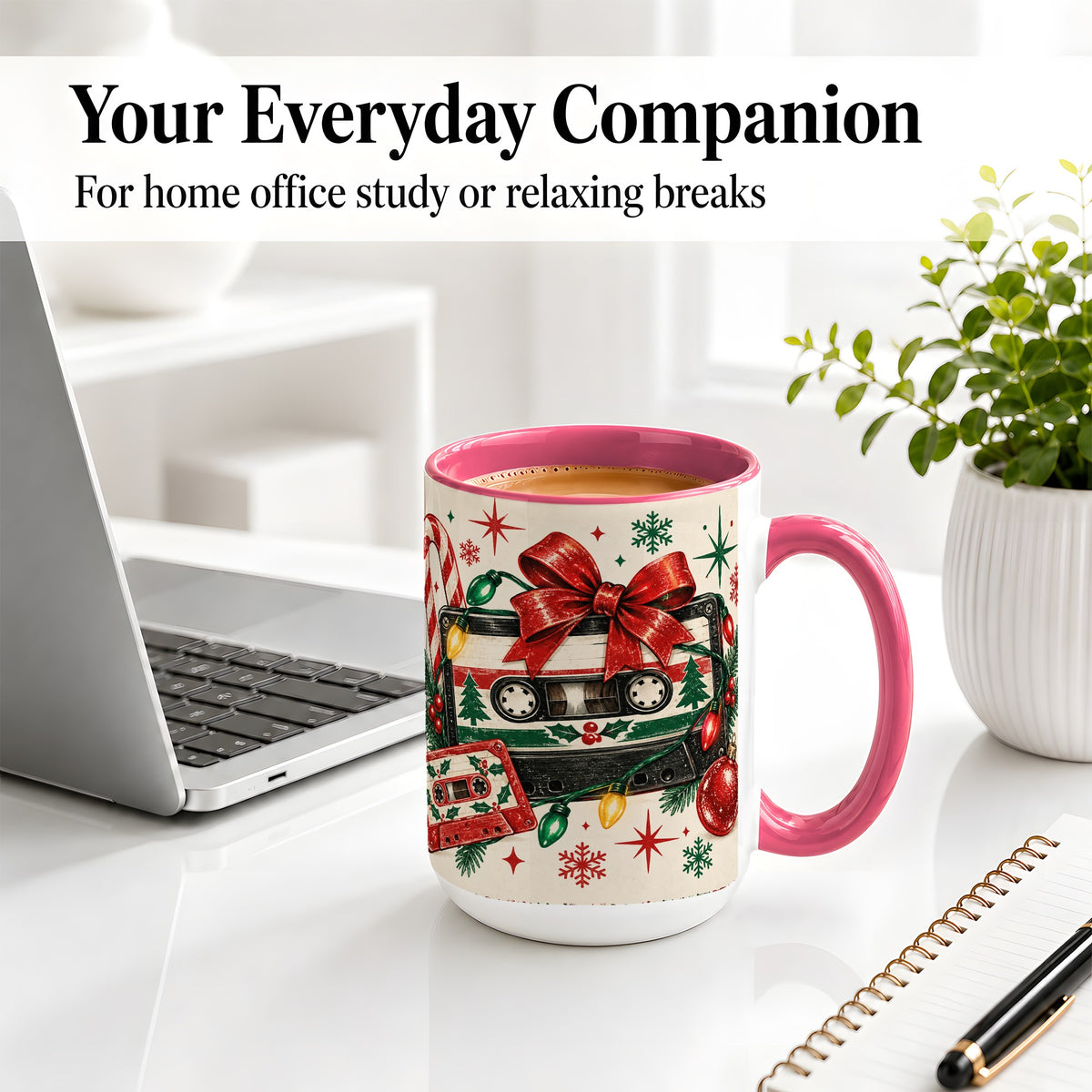 #pl[15oz|Pink] Retro Christmas Cassette Ceramic Mug, Holiday Music Artwork