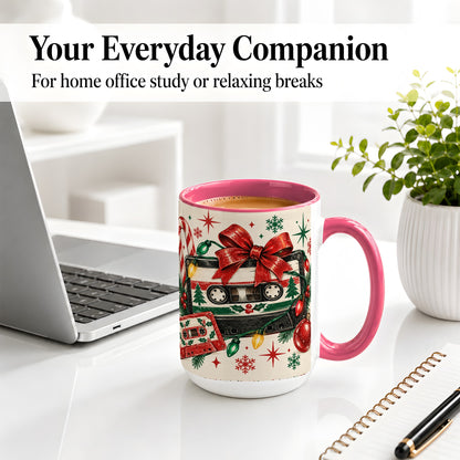 #pl[15oz|Pink] Retro Christmas Cassette Ceramic Mug, Holiday Music Artwork