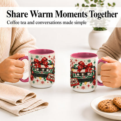 #pl[15oz|Pink] Retro Christmas Cassette Ceramic Mug, Holiday Music Artwork