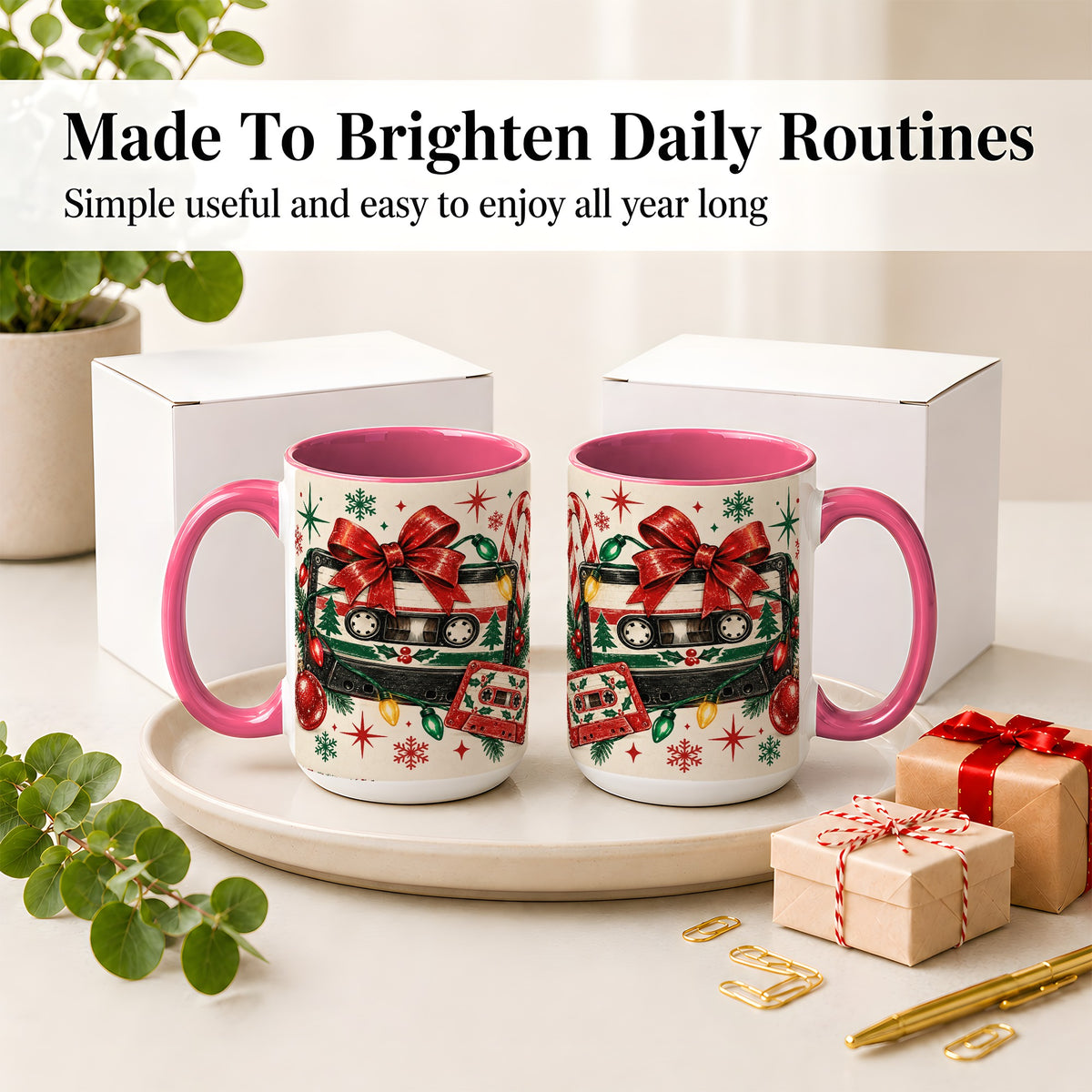 #pl[15oz|Pink] Retro Christmas Cassette Ceramic Mug, Holiday Music Artwork