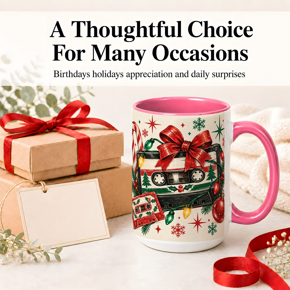 #pl[15oz|Pink] Retro Christmas Cassette Ceramic Mug, Holiday Music Artwork