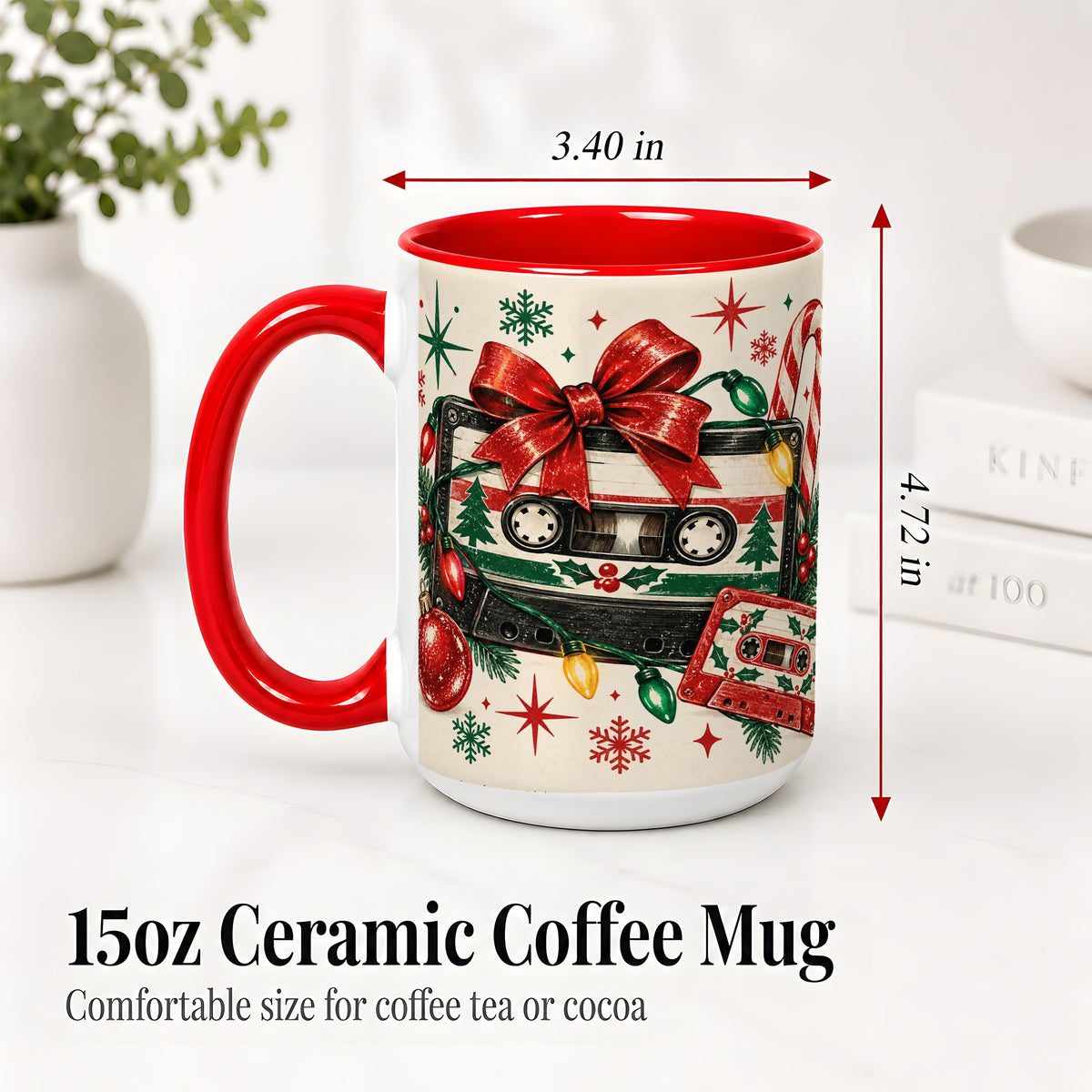 #pl[15oz|Red] Retro Christmas Cassette Ceramic Mug, Holiday Music Artwork