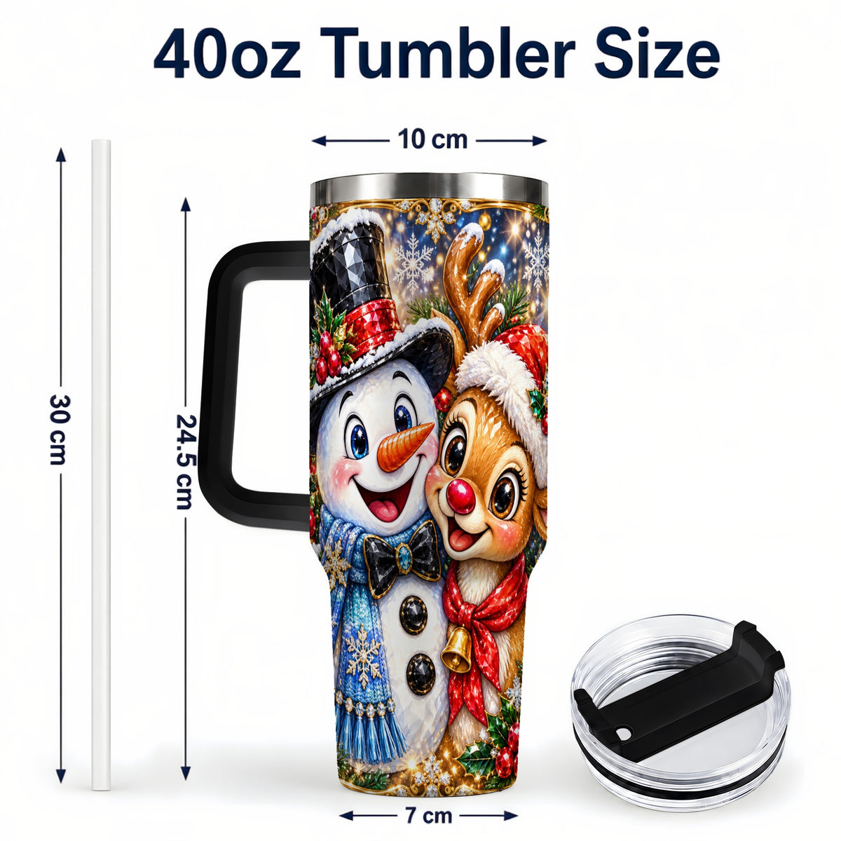 #pl[40oz|Black] Snowman Reindeer 40oz Tumbler with Handle, Christmas Travel Cup