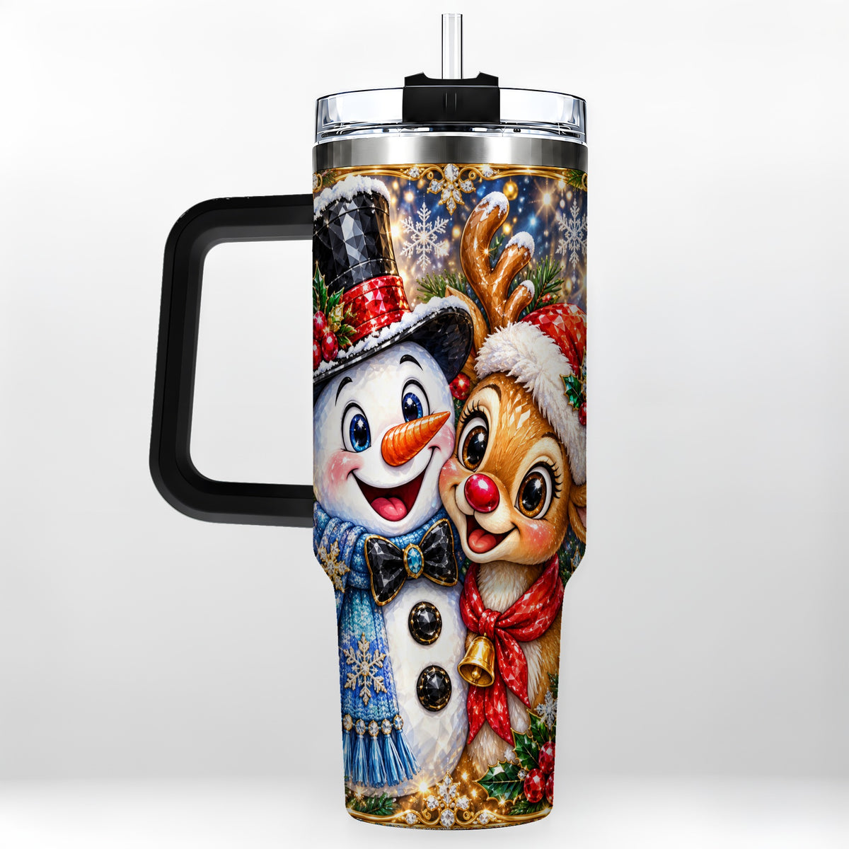 #pl[40oz|Black] Snowman Reindeer 40oz Tumbler with Handle, Christmas Travel Cup
