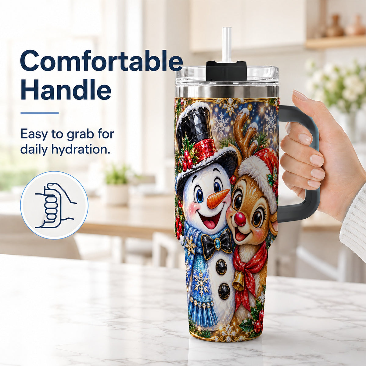 #pl[40oz|Black] Snowman Reindeer 40oz Tumbler with Handle, Christmas Travel Cup