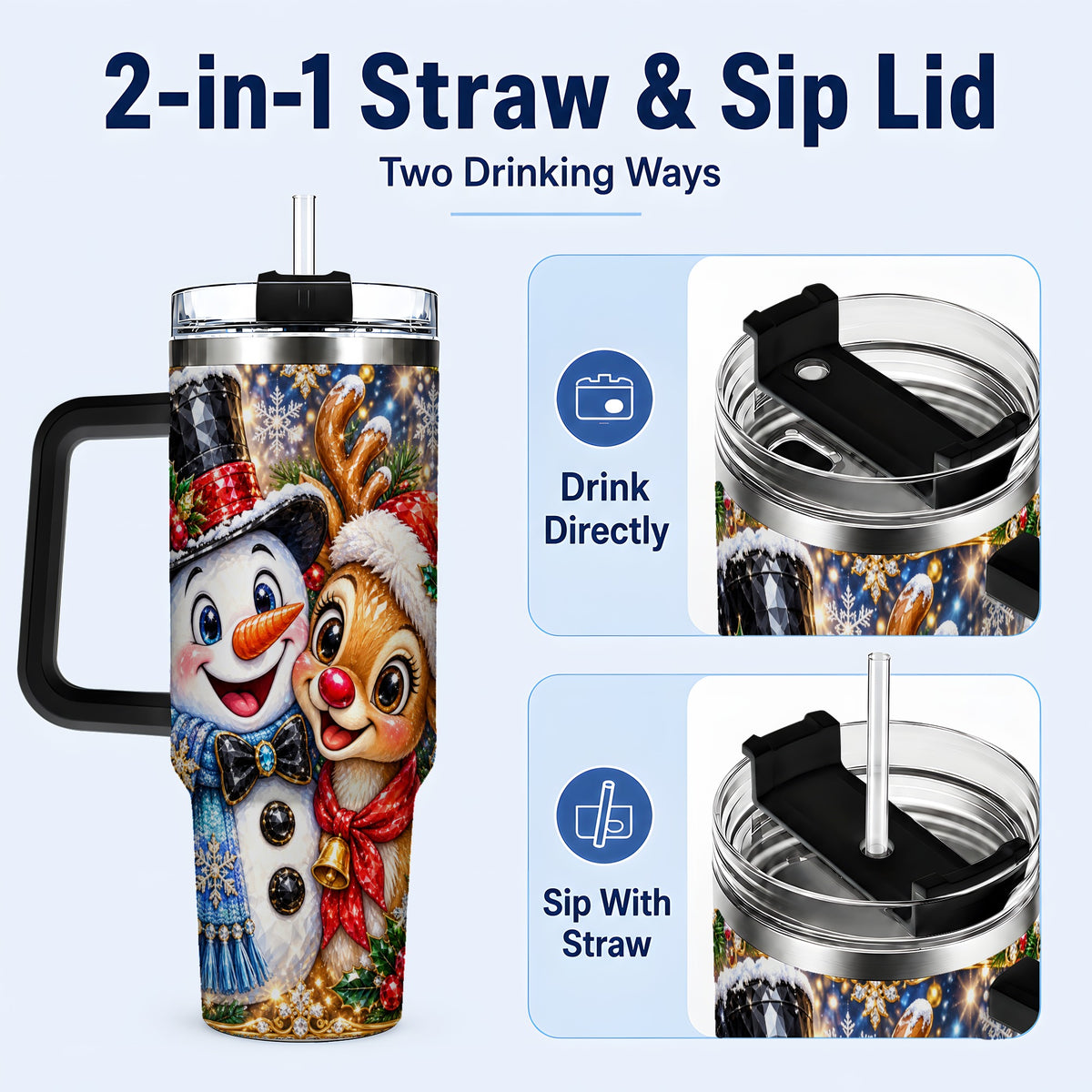 #pl[40oz|Black] Snowman Reindeer 40oz Tumbler with Handle, Christmas Travel Cup