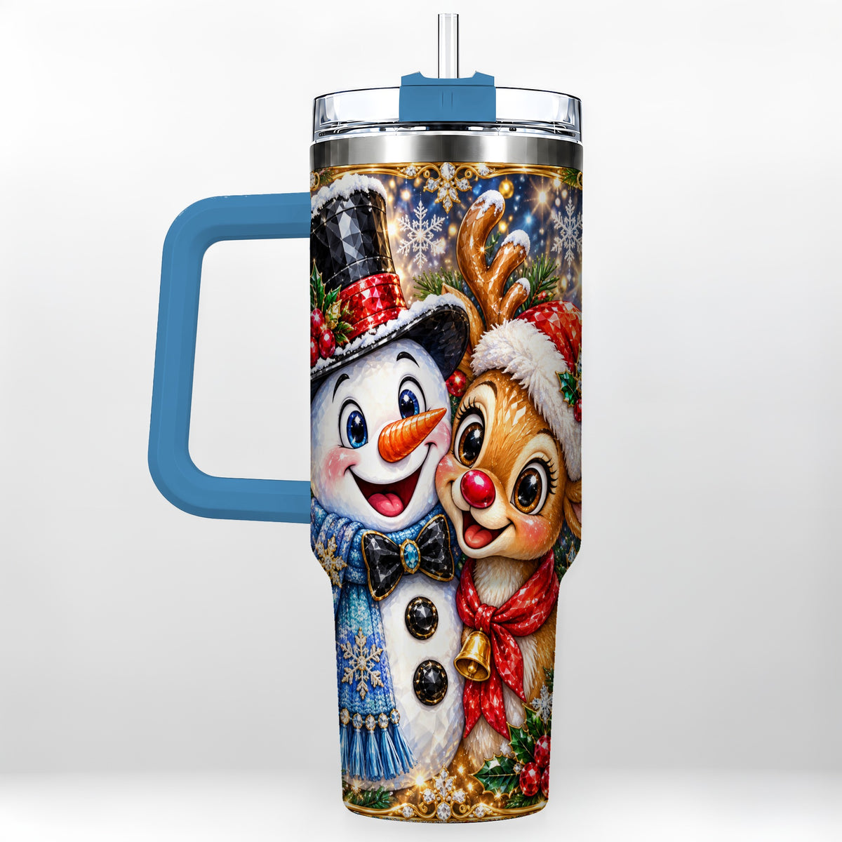 #pl[40oz|Blue] Snowman Reindeer 40oz Tumbler with Handle, Christmas Travel Cup