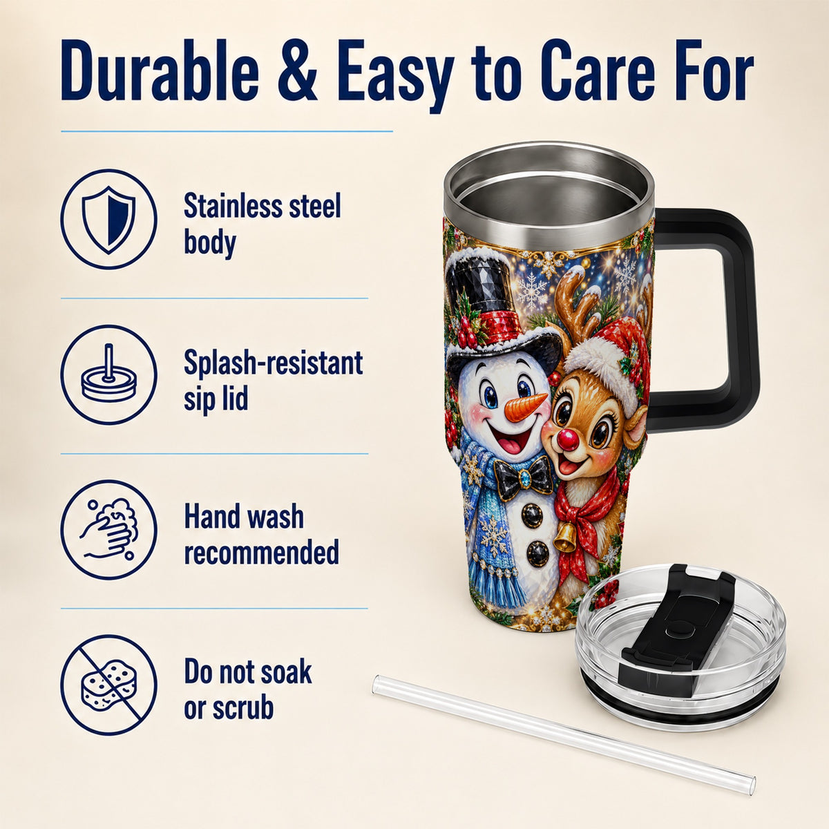 #pl[40oz|Black] Snowman Reindeer 40oz Tumbler with Handle, Christmas Travel Cup