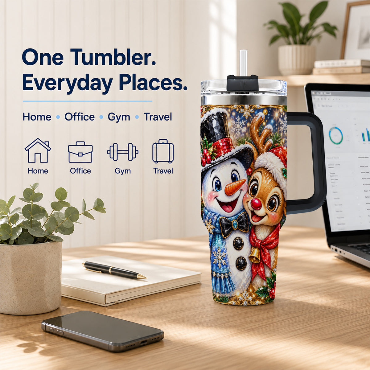 #pl[40oz|Black] Snowman Reindeer 40oz Tumbler with Handle, Christmas Travel Cup