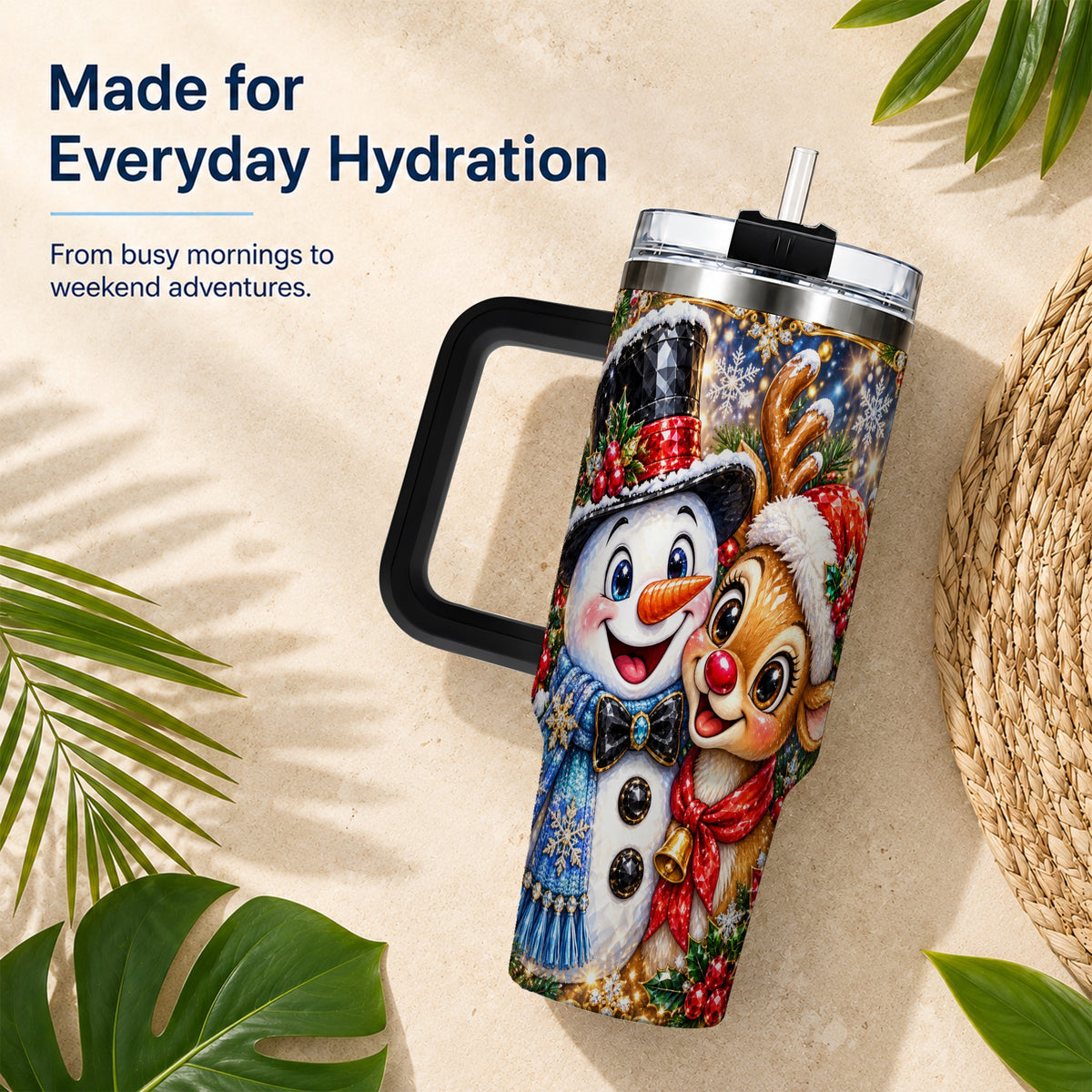 #pl[40oz|Black] Snowman Reindeer 40oz Tumbler with Handle, Christmas Travel Cup
