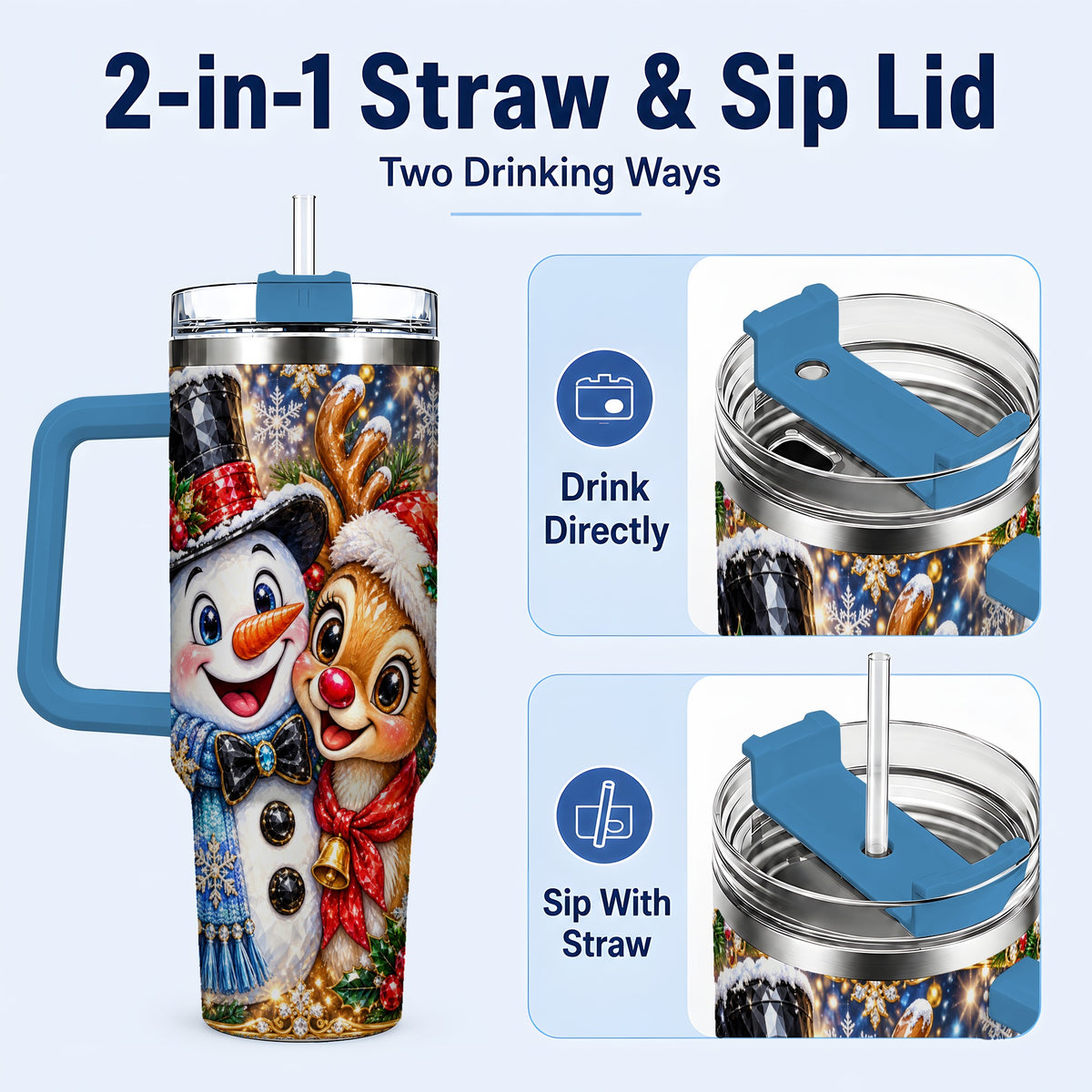 #pl[40oz|Blue] Snowman Reindeer 40oz Tumbler with Handle, Christmas Travel Cup
