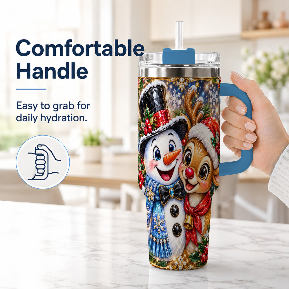 #pl[40oz|Blue] Snowman Reindeer 40oz Tumbler with Handle, Christmas Travel Cup