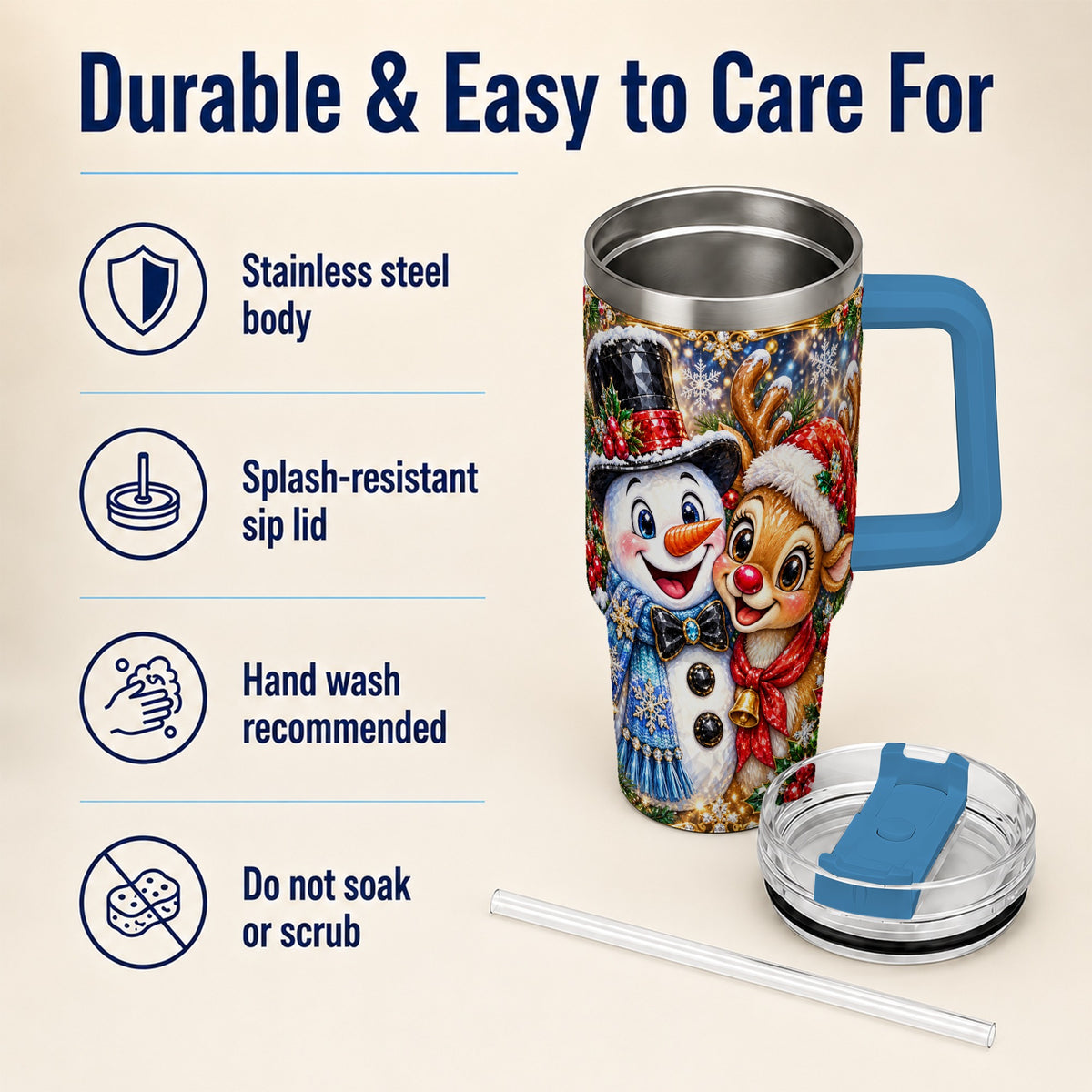 #pl[40oz|Blue] Snowman Reindeer 40oz Tumbler with Handle, Christmas Travel Cup