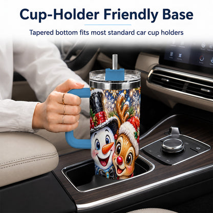 #pl[40oz|Blue] Snowman Reindeer 40oz Tumbler with Handle, Christmas Travel Cup
