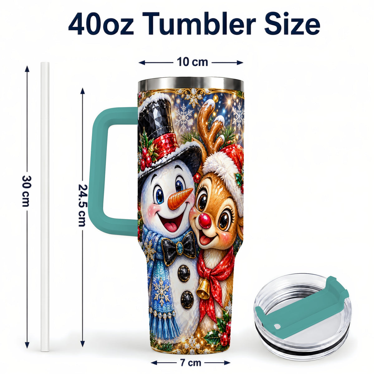 #pl[40oz|Green] Snowman Reindeer 40oz Tumbler with Handle, Christmas Travel Cup