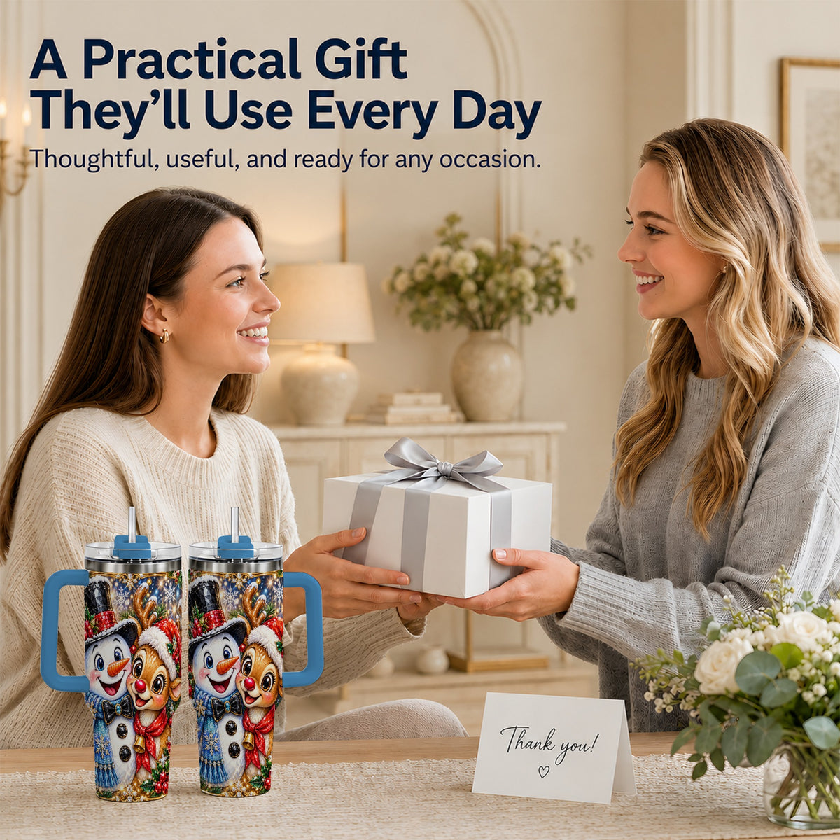 #pl[40oz|Blue] Snowman Reindeer 40oz Tumbler with Handle, Christmas Travel Cup