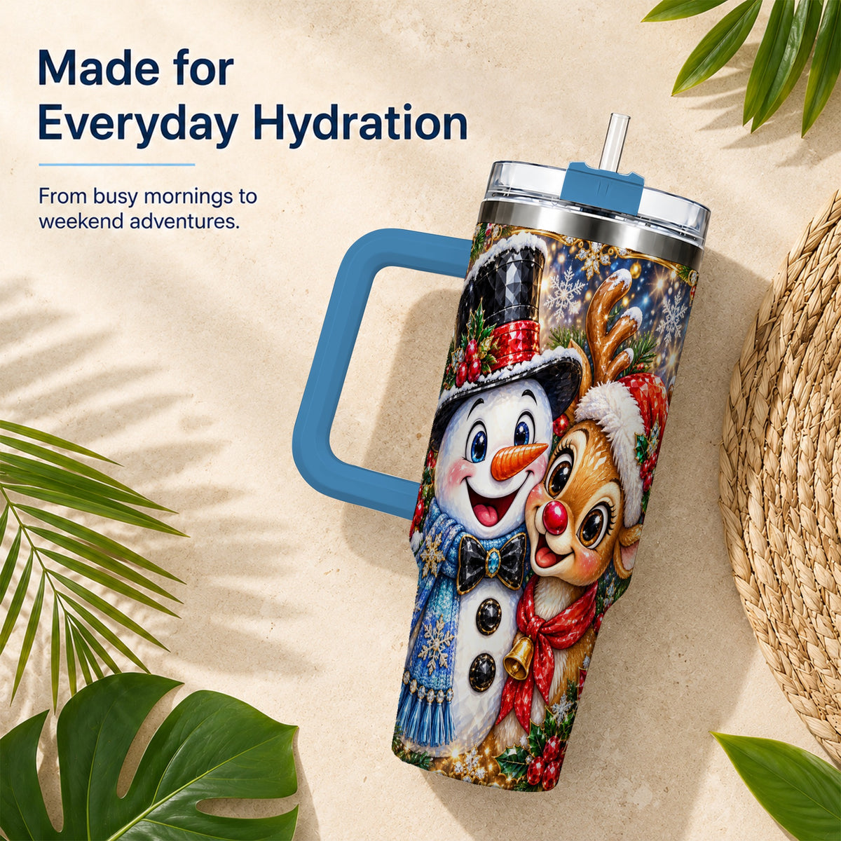 #pl[40oz|Blue] Snowman Reindeer 40oz Tumbler with Handle, Christmas Travel Cup