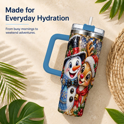 #pl[40oz|Blue] Snowman Reindeer 40oz Tumbler with Handle, Christmas Travel Cup