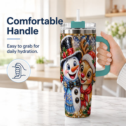 #pl[40oz|Green] Snowman Reindeer 40oz Tumbler with Handle, Christmas Travel Cup