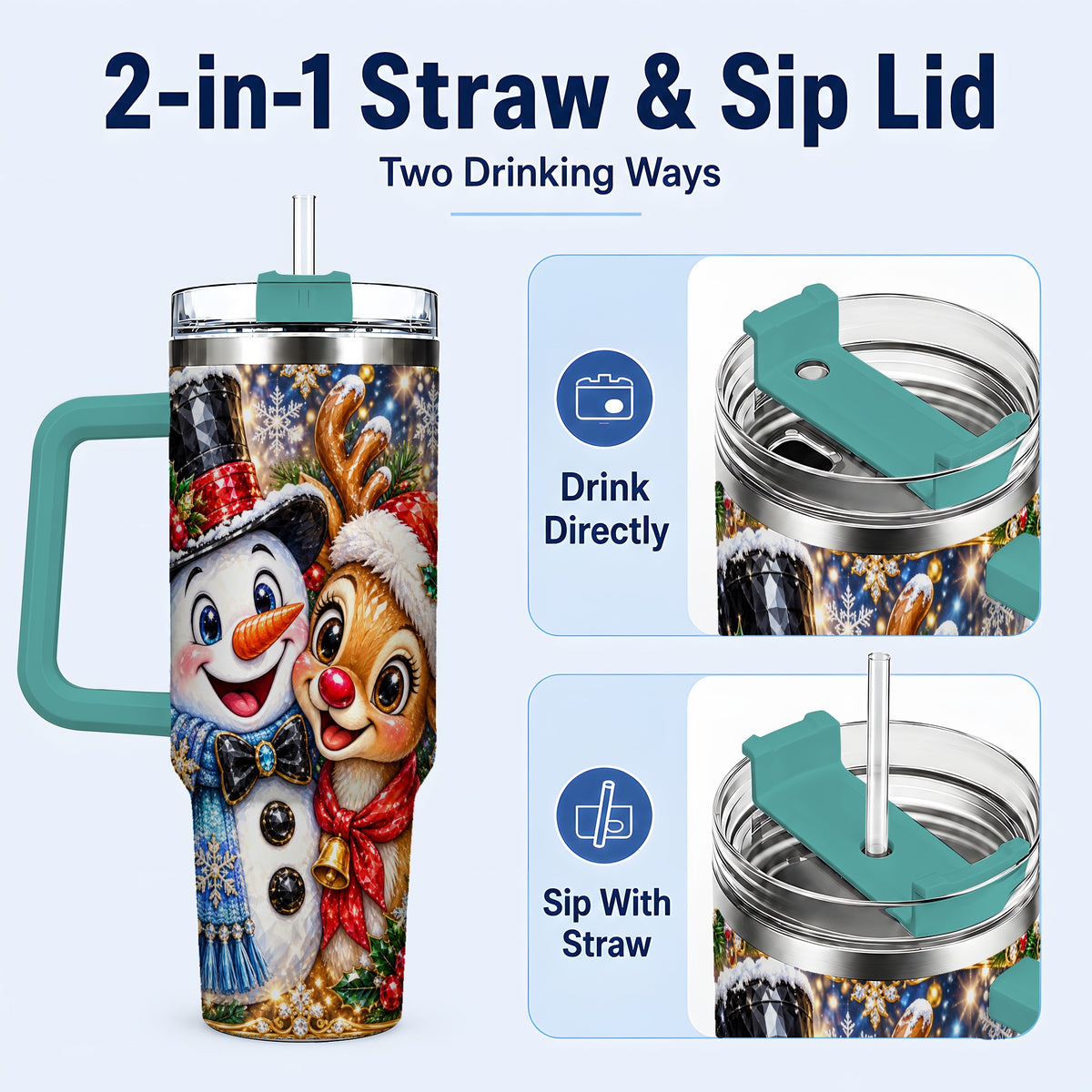 #pl[40oz|Green] Snowman Reindeer 40oz Tumbler with Handle, Christmas Travel Cup