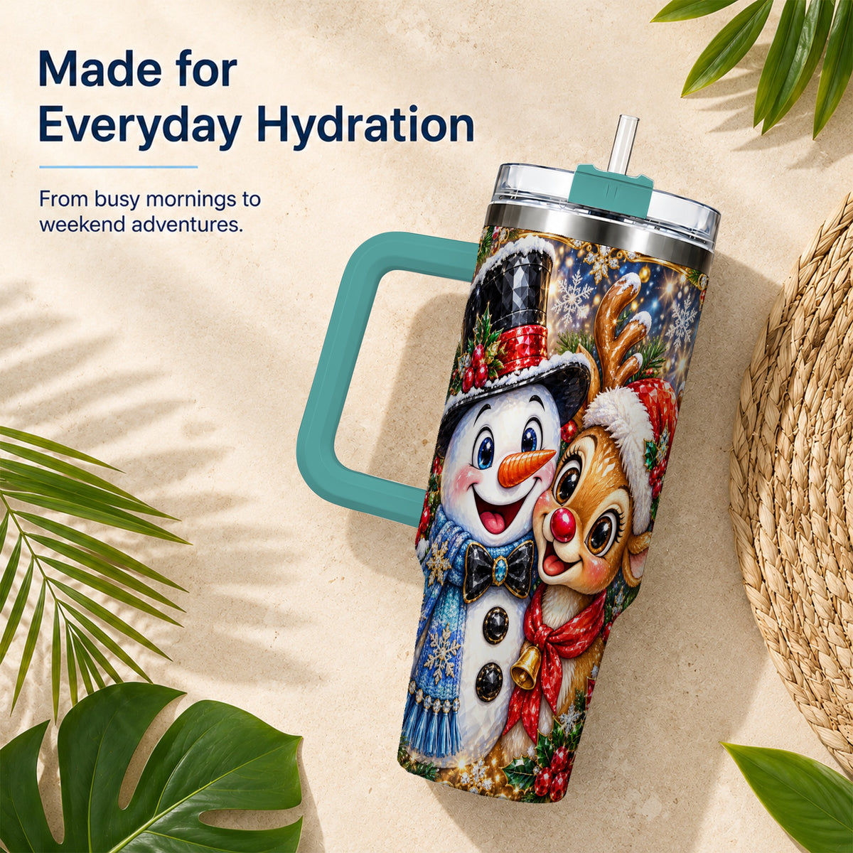 #pl[40oz|Green] Snowman Reindeer 40oz Tumbler with Handle, Christmas Travel Cup
