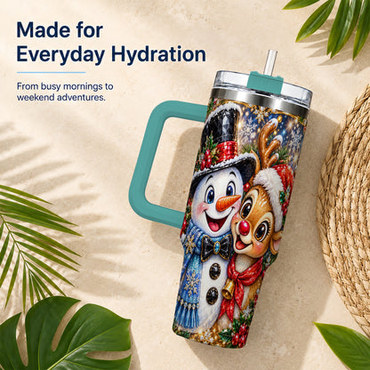 #pl[40oz|Green] Snowman Reindeer 40oz Tumbler with Handle, Christmas Travel Cup