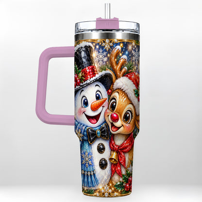 #pl[40oz|Pink] Snowman Reindeer 40oz Tumbler with Handle, Christmas Travel Cup