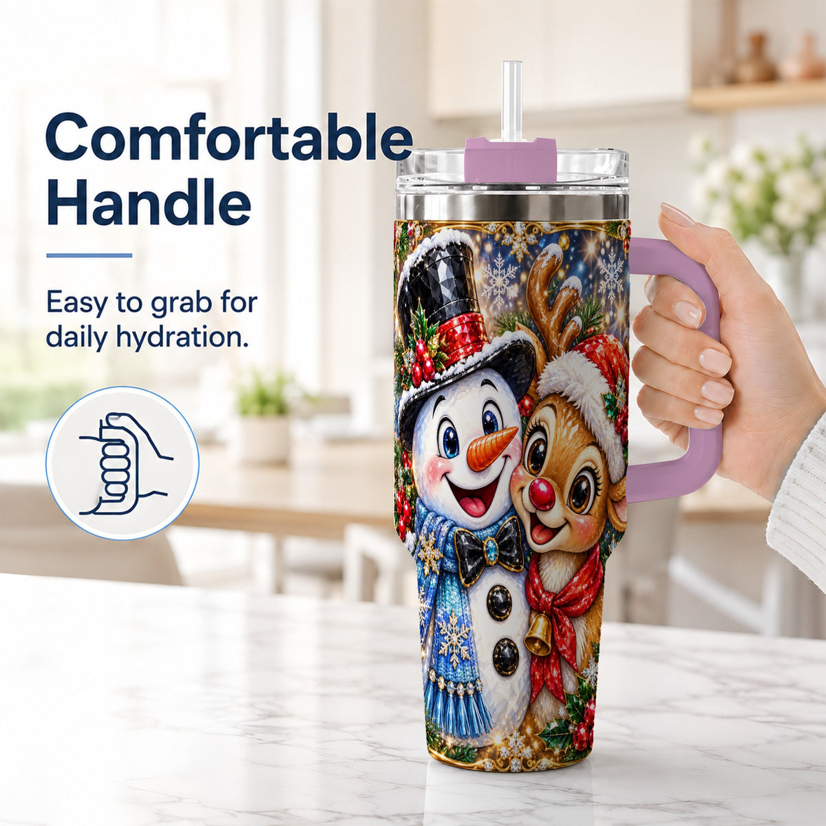 #pl[40oz|Pink] Snowman Reindeer 40oz Tumbler with Handle, Christmas Travel Cup