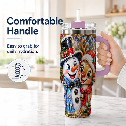 #pl[40oz|Pink] Snowman Reindeer 40oz Tumbler with Handle, Christmas Travel Cup