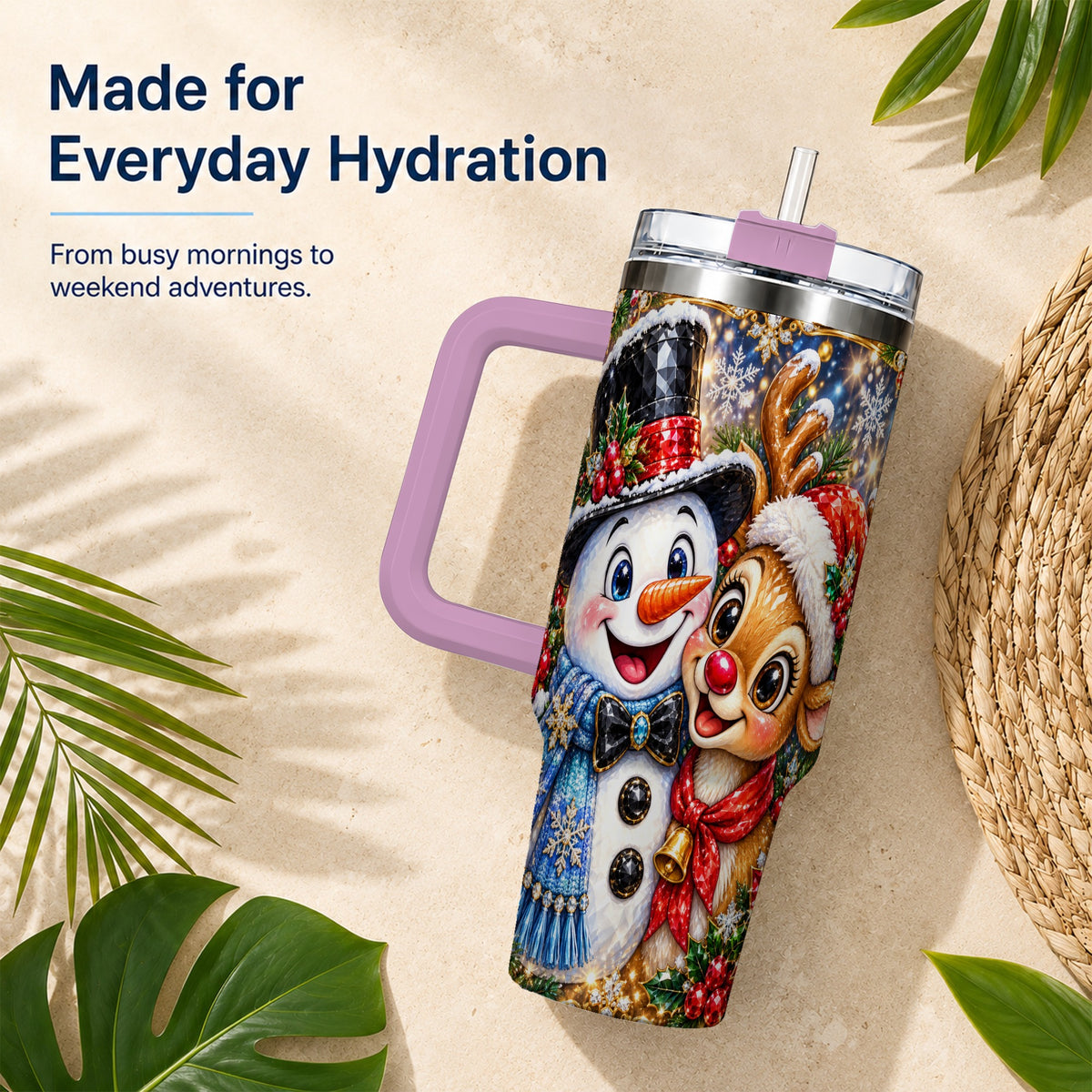 #pl[40oz|Pink] Snowman Reindeer 40oz Tumbler with Handle, Christmas Travel Cup