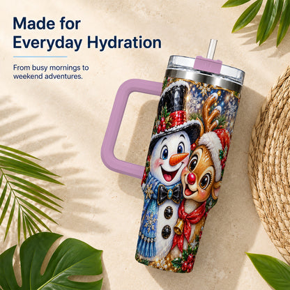 #pl[40oz|Pink] Snowman Reindeer 40oz Tumbler with Handle, Christmas Travel Cup