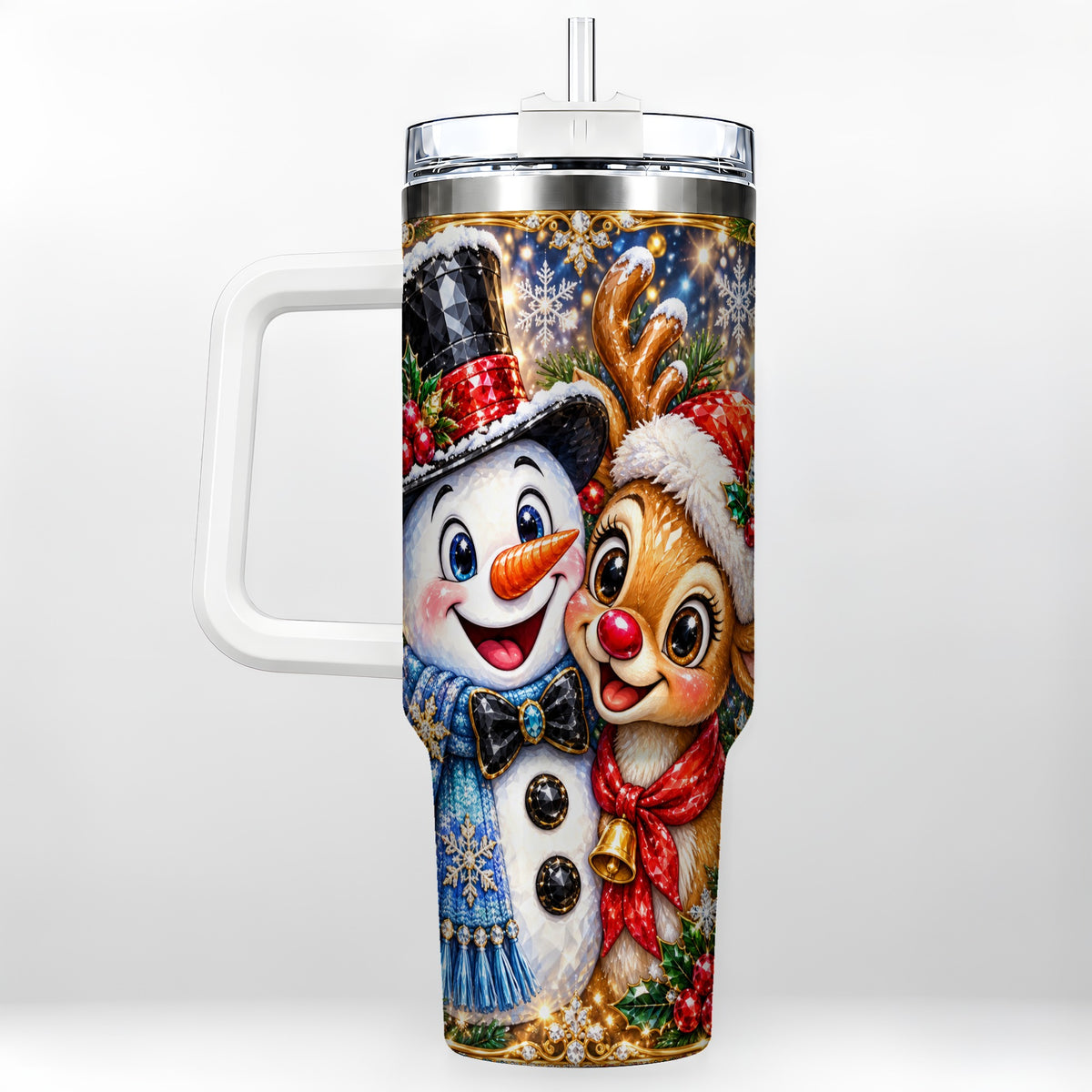 Snowman Reindeer 40oz Tumbler with Handle, Christmas Travel Cup
