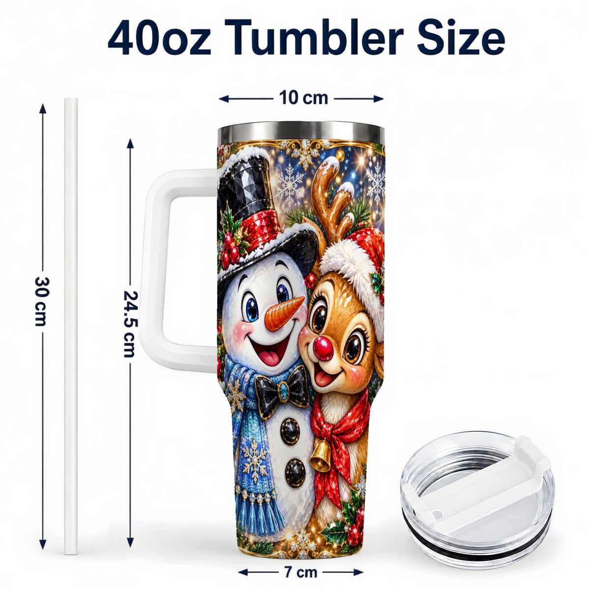 #pl[40oz|White] Snowman Reindeer 40oz Tumbler with Handle, Christmas Travel Cup
