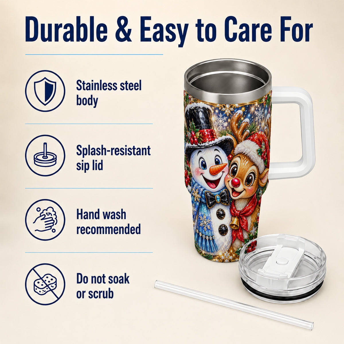 #pl[40oz|White] Snowman Reindeer 40oz Tumbler with Handle, Christmas Travel Cup