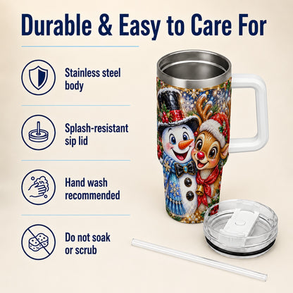 #pl[40oz|White] Snowman Reindeer 40oz Tumbler with Handle, Christmas Travel Cup