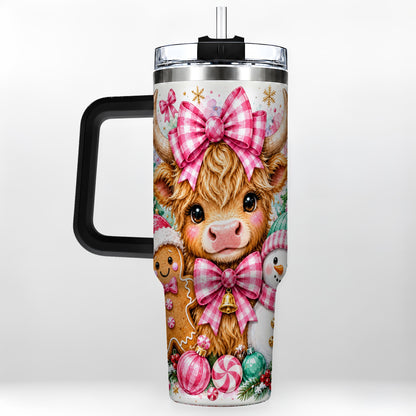 #pl[40oz|Black] Highland Cow 40oz Tumbler with Handle, Pink Christmas Travel Cup
