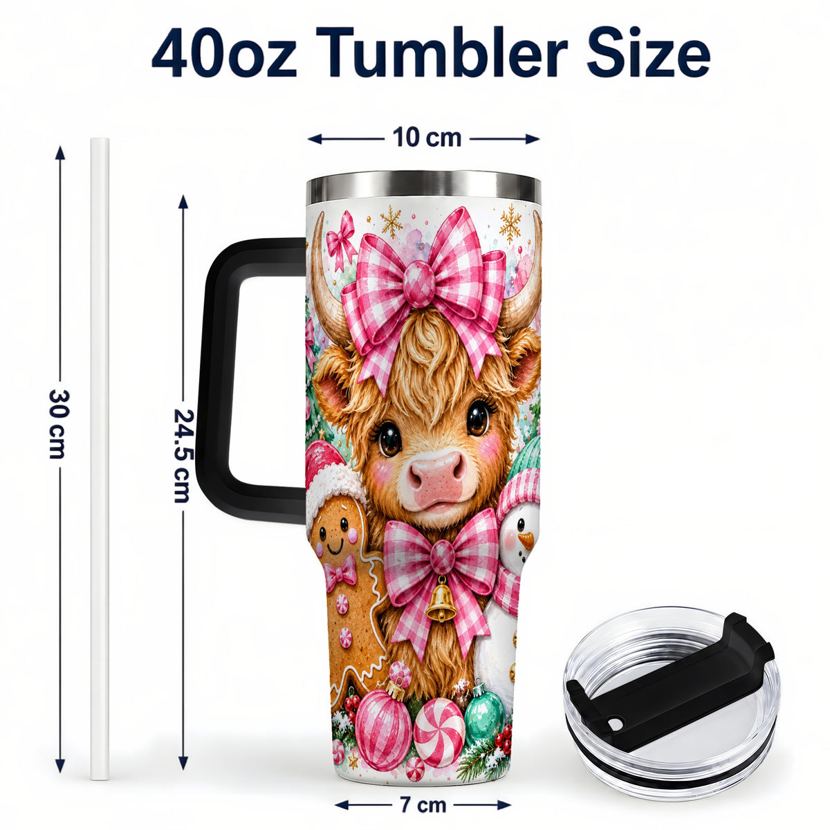 #pl[40oz|Black] Highland Cow 40oz Tumbler with Handle, Pink Christmas Travel Cup