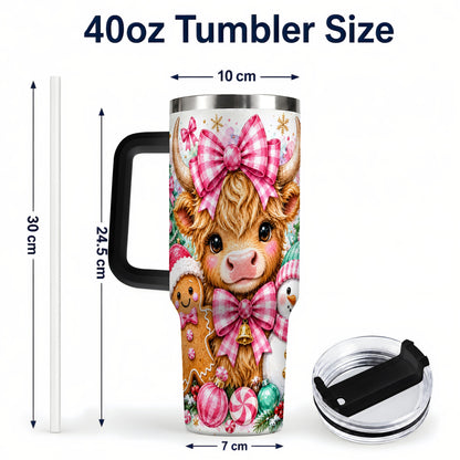 #pl[40oz|Black] Highland Cow 40oz Tumbler with Handle, Pink Christmas Travel Cup